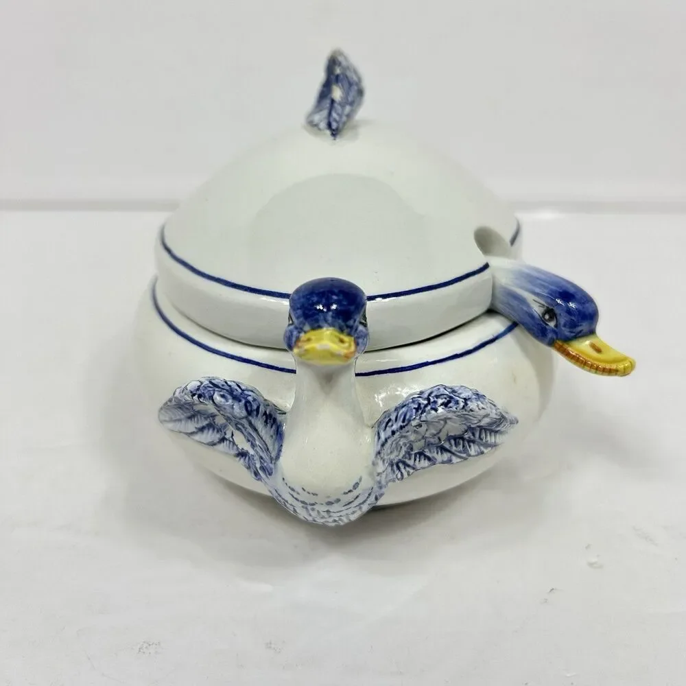 Blue White Ceramic Duck Tureen Ladle Lid Made in Italy Country Farmhouse Decor